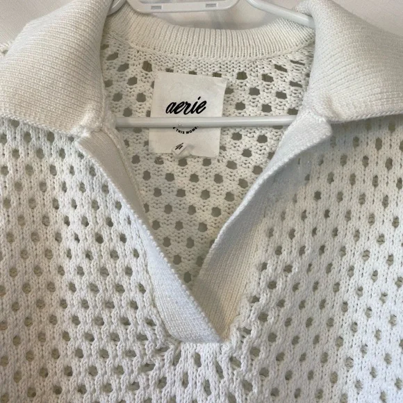 Aerie Women's Boho Coastal Creamy White 100% Cotton Open Knit Polo Sweater MD - Picture 4 of 16
